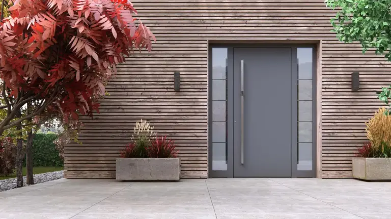 Graue Haustür mit langem Edelstahlgriff und zwei Seitenteilen an einer Fassade aus waagerechten Holzlatten – Modellbeispiel Inotherm