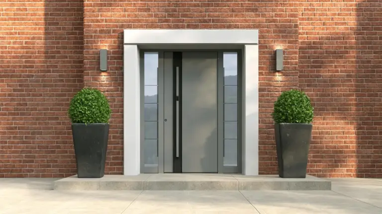 Graue Haustür mit zwei Glas-Seitenteilen in weißer Laibung an einer roten Klinkerfassade, links und rechts Buchskugeln in Pflanzkübeln – Modellbeispiel Inotherm