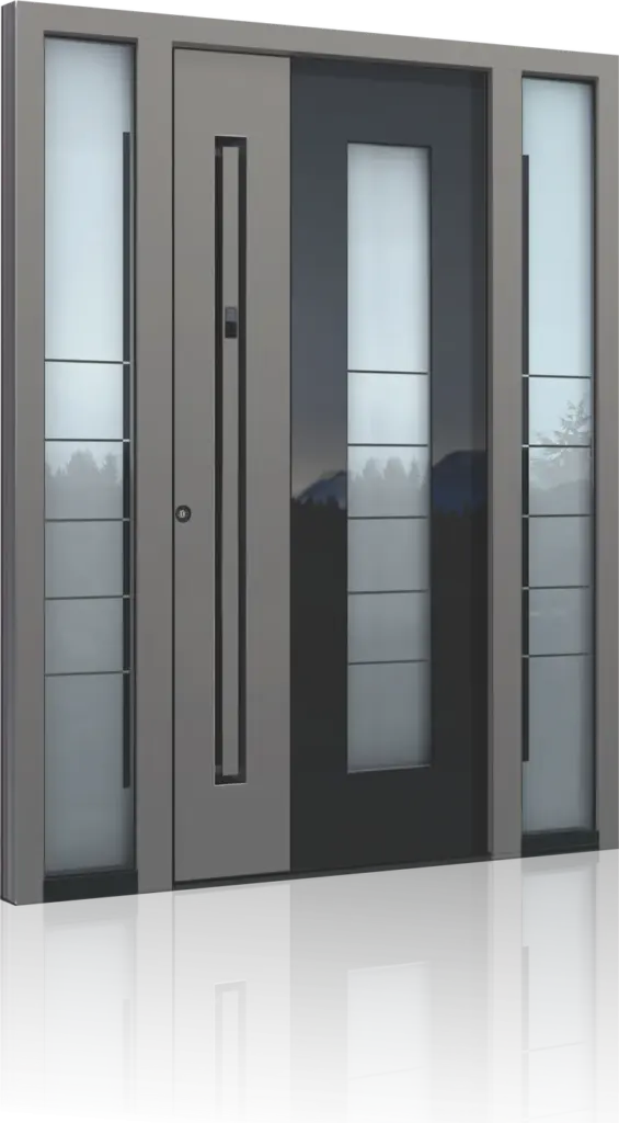 Haustür-Modell AAE 1625 in Graualuminium mit dunklem Mittelfeld, Glasstreifen und zwei Seitenteilen – Modellbeispiel Inotherm