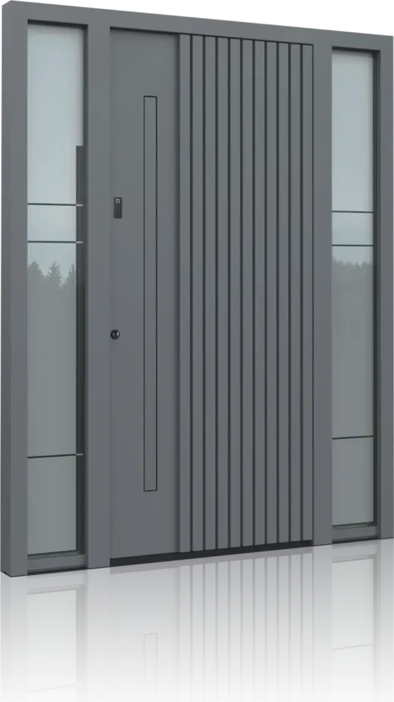 Haustür-Modell AAE 1705 in Grau mit senkrechten Lisenen und zwei Seitenteilen – Modellbeispiel Inotherm