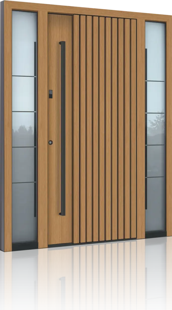 Haustür-Modell AAE 1708 in Holzdekor mit senkrechten Lisenen, Stangengriff und zwei Seitenteilen – Modellbeispiel Inotherm