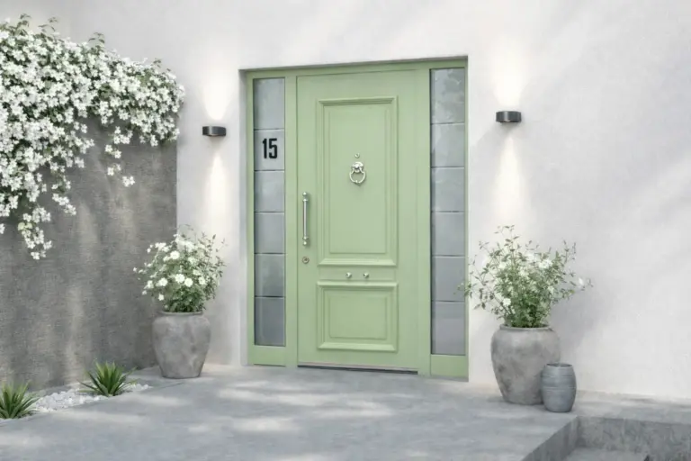 Pastellgrüne Haustür im Landhausstil mit Türklopfer und Glas-Seitenteil, daneben weiß blühende Kletterpflanzen – Modellbeispiel Inotherm