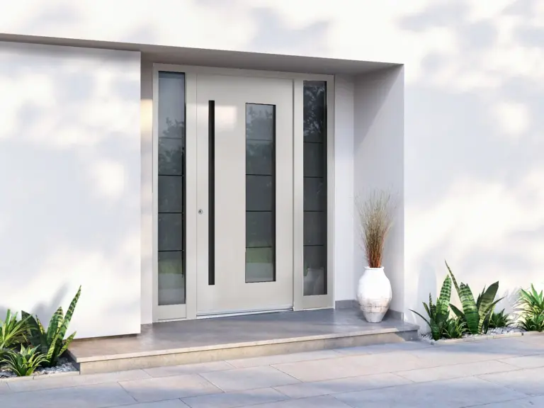 Weiße Haustür mit Glaseinsatz, schwarzem Griff und zwei Seitenteilen an einem modernen weiß verputzten Haus – Modellbeispiel Inotherm